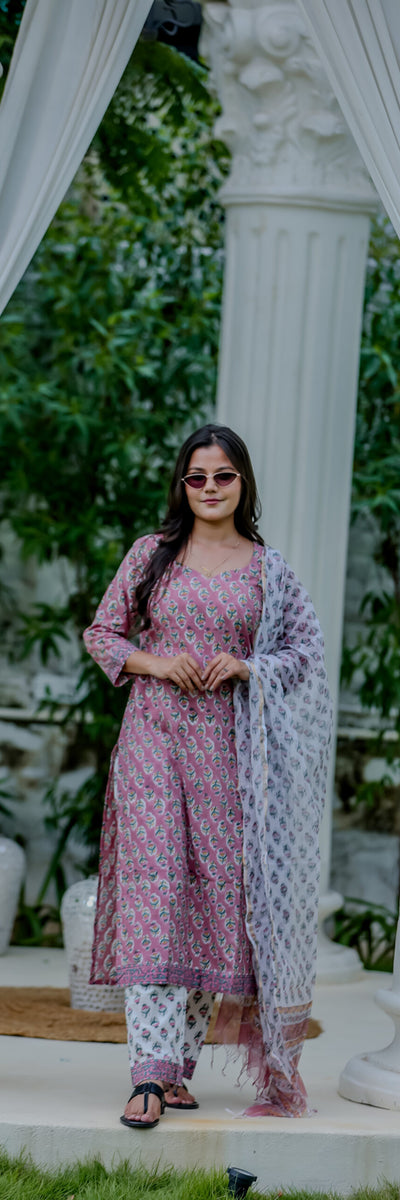 Mauve Cotton Printed Kurta Pant Set with Dupatta