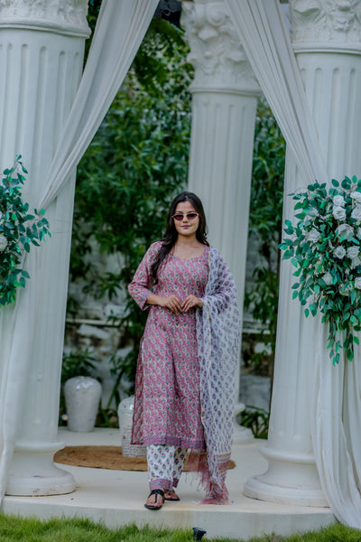 Mauve Cotton Printed Kurta Pant Set with Dupatta