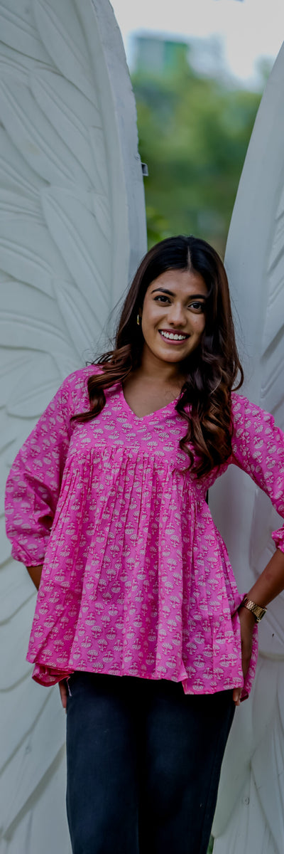 Pink Handblock Printed Peplum Top