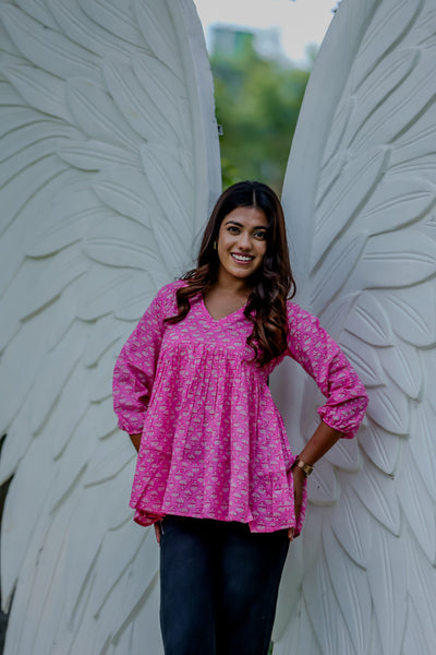 Pink Handblock Printed Peplum Top