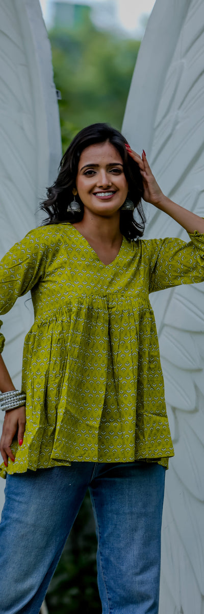 Lime Green Handblock Printed Peplum Top