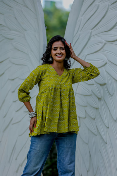 Lime Green Handblock Printed Peplum Top