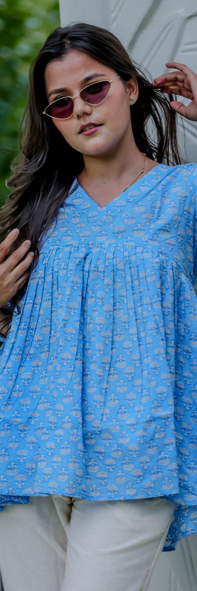 Sky Blue Handblock Printed Peplum Top