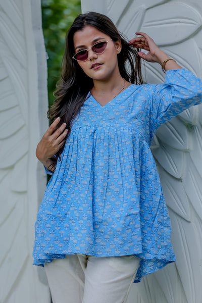 Sky Blue Handblock Printed Peplum Top