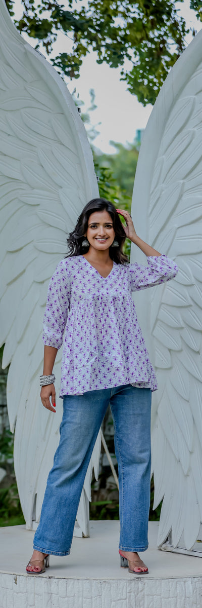 White & Lavender Handblock Printed Peplum Top