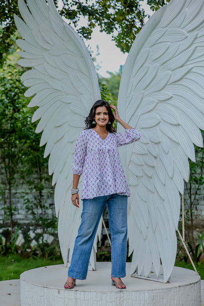 White & Lavender Handblock Printed Peplum Top