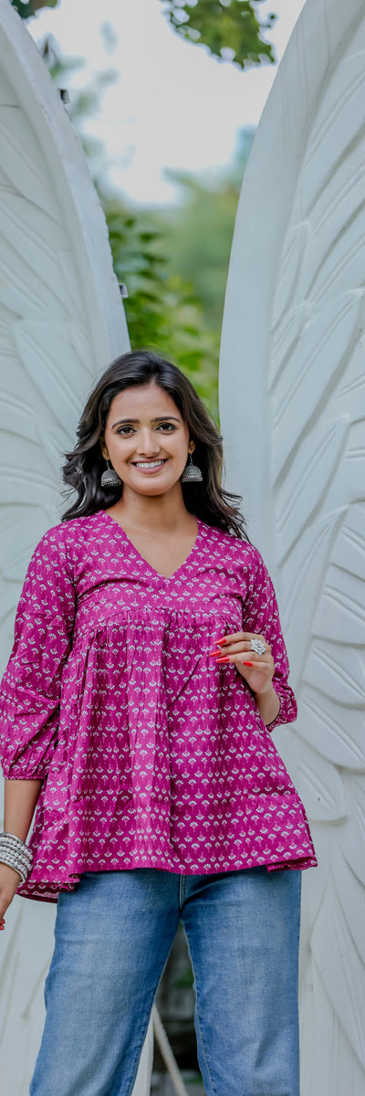 Magenta Handblock Printed Cotton Peplum Top with V-Neck