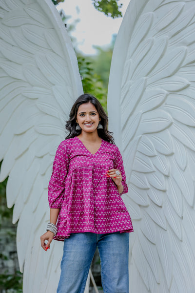 Magenta Handblock Printed Cotton Peplum Top with V-Neck