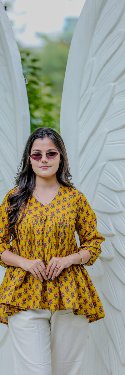 Mustard Yellow Handblock Printed Cotton Peplum Top