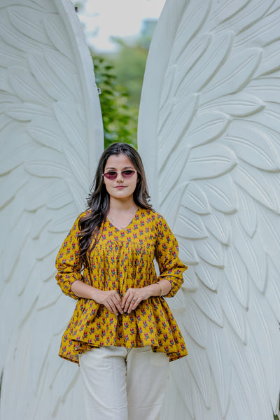 Mustard Yellow Handblock Printed Cotton Peplum Top