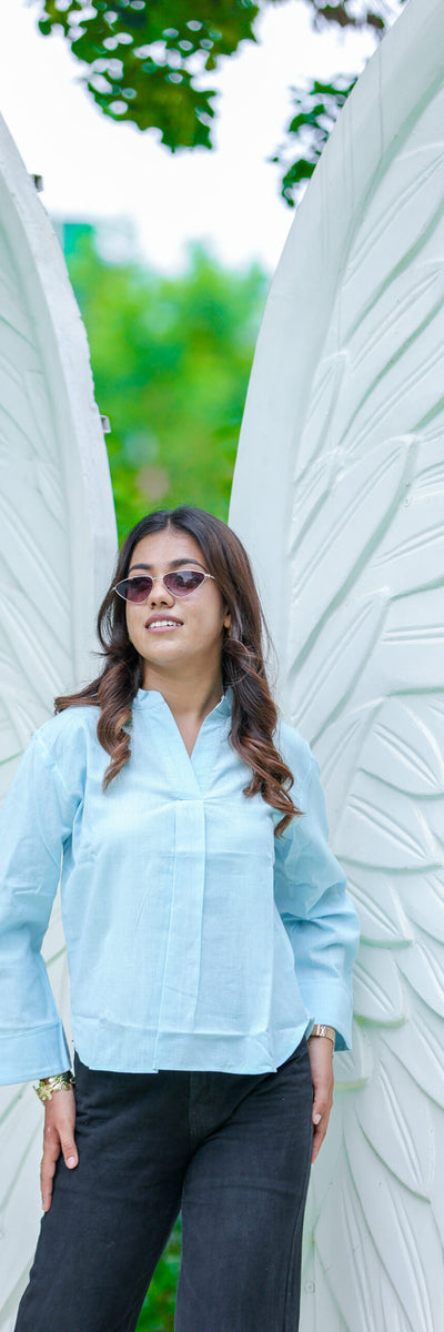 Solid Sky Blue Cotton Casual Top with Pleated Neck