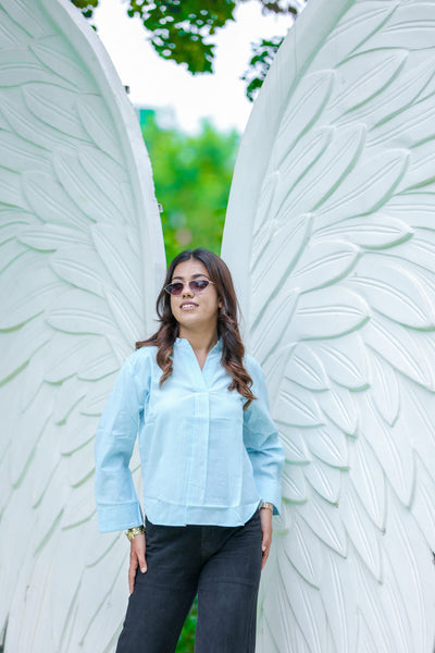 Solid Sky Blue Cotton Casual Top with Pleated Neck