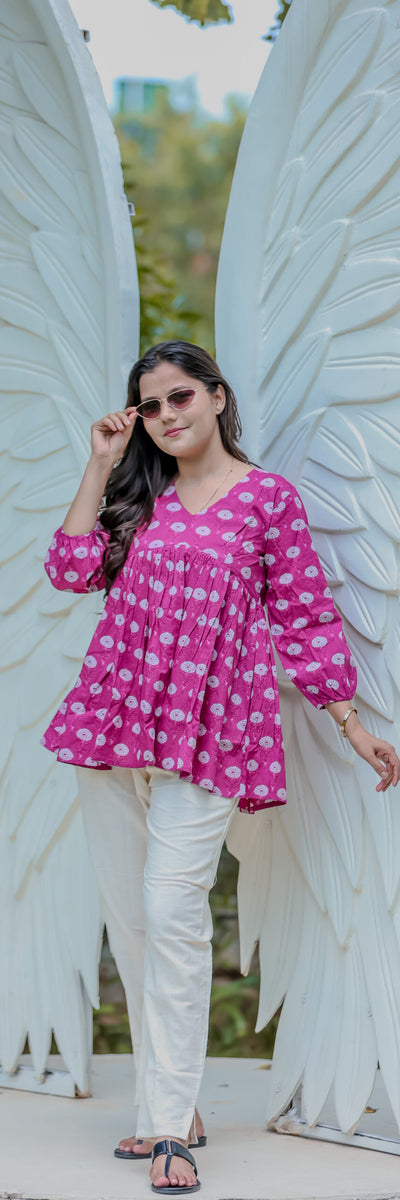 Magenta Cotton Handblock Peplum Top