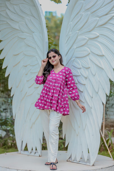Magenta Cotton Handblock Peplum Top