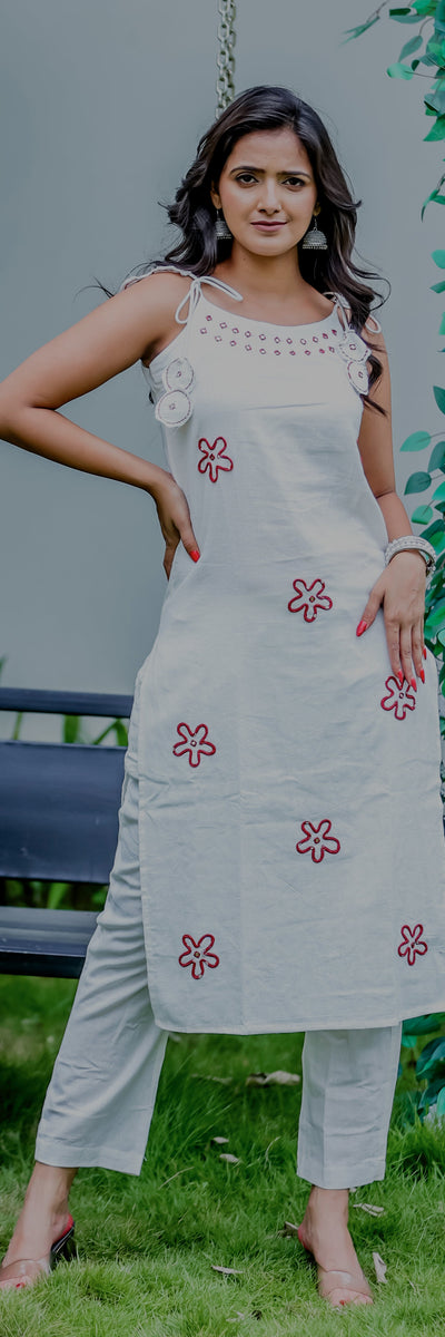 Embroidered Floral Co-Ord Set in Off-White & Black