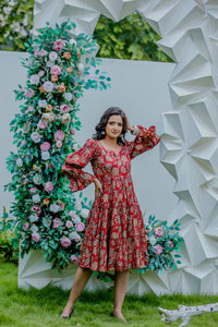 Red Ethnic Printed Tiered Midi Dress with Flared Sleeves