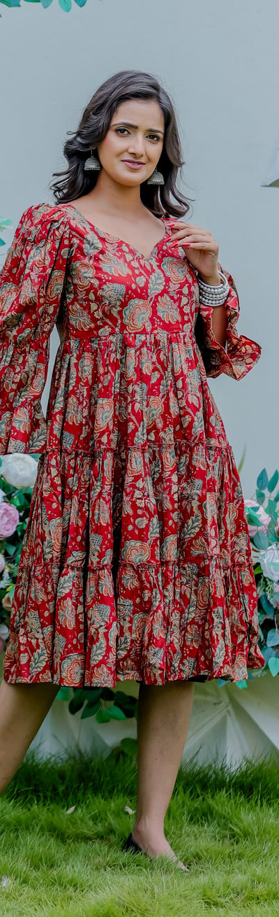 Red Ethnic Printed Tiered Midi Dress with Flared Sleeves