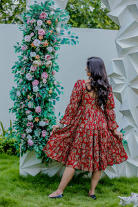 Red Ethnic Printed Tiered Midi Dress with Flared Sleeves