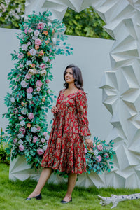 Red Ethnic Printed Tiered Midi Dress with Flared Sleeves
