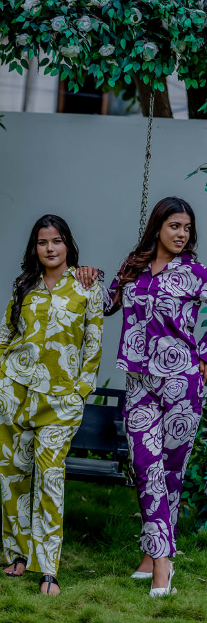 Cotton Co-Ord Set with Rose Floral Embroidery