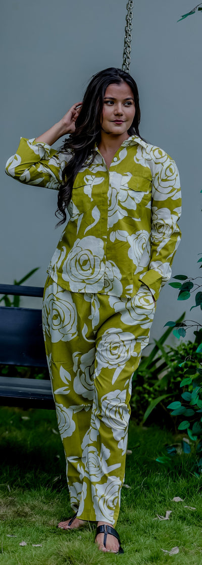 Cotton Co-Ord Set with Rose Floral Embroidery