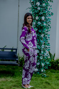 Cotton Co-Ord Set with Rose Floral Embroidery - Blue