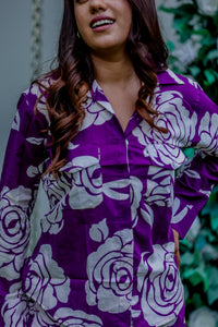 Cotton Co-Ord Set with Rose Floral Embroidery - Blue