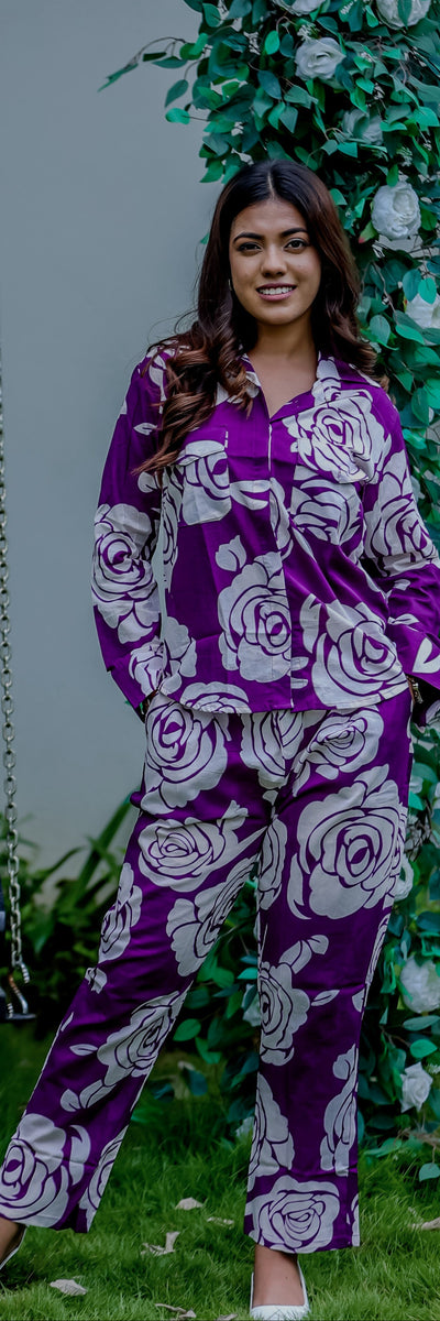 Cotton Co-Ord Set with Rose Floral Embroidery - Blue