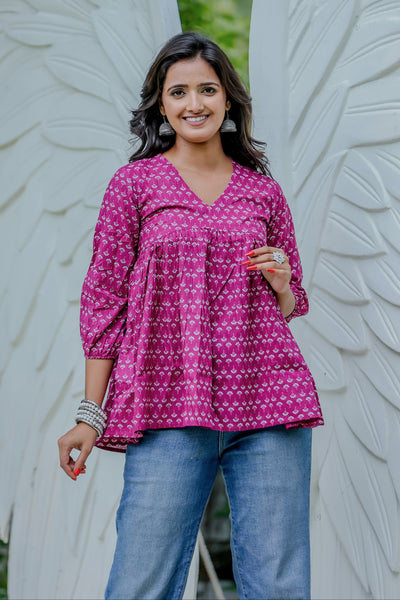 Magenta Handblock Printed Cotton Peplum Top with V-Neck