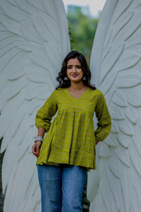 Lime Green Handblock Printed Peplum Top