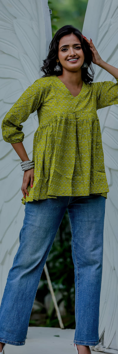 Lime Green Handblock Printed Peplum Top