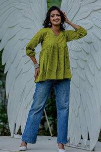 Lime Green Handblock Printed Peplum Top