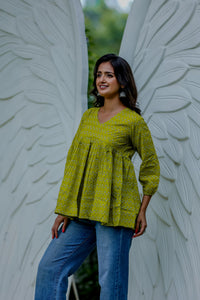 Lime Green Handblock Printed Peplum Top