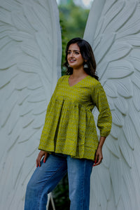 Lime Green Handblock Printed Peplum Top