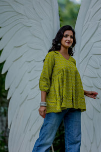 Lime Green Handblock Printed Peplum Top