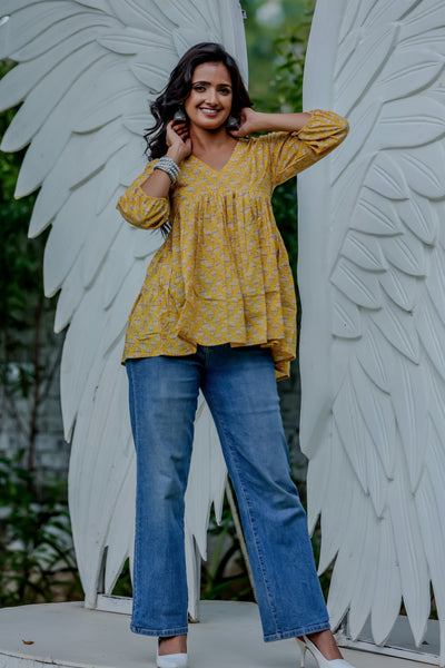 Yellow Handblock Printed Peplum Top