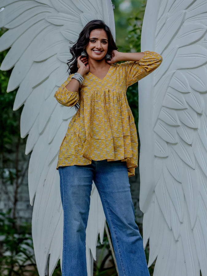 Yellow Handblock Printed Peplum Top