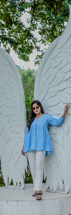 Sky Blue Handblock Printed Peplum Top