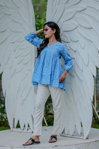Sky Blue Handblock Printed Peplum Top