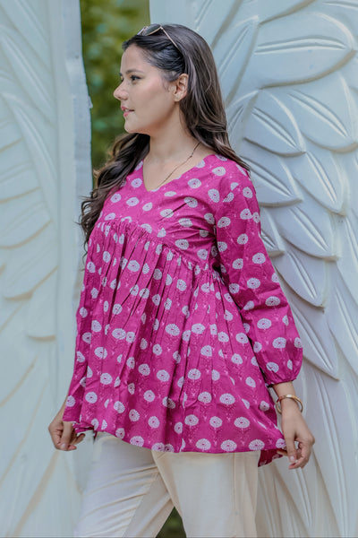 Magenta Cotton Handblock Peplum Top