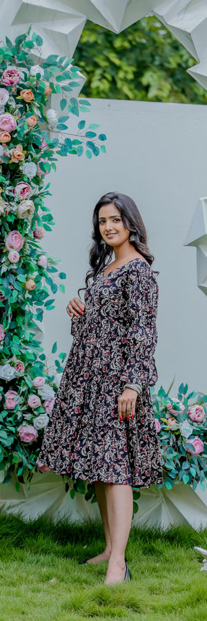Black Floral Printed Tiered Midi Dress with Flared Sleeves