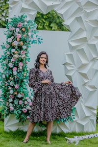 Black Floral Printed Tiered Midi Dress with Flared Sleeves