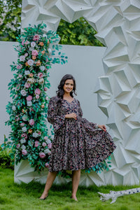 Black Floral Printed Tiered Midi Dress with Flared Sleeves