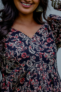 Black Floral Printed Tiered Midi Dress with Flared Sleeves