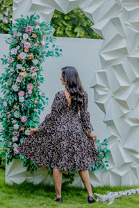 Black Floral Printed Tiered Midi Dress with Flared Sleeves