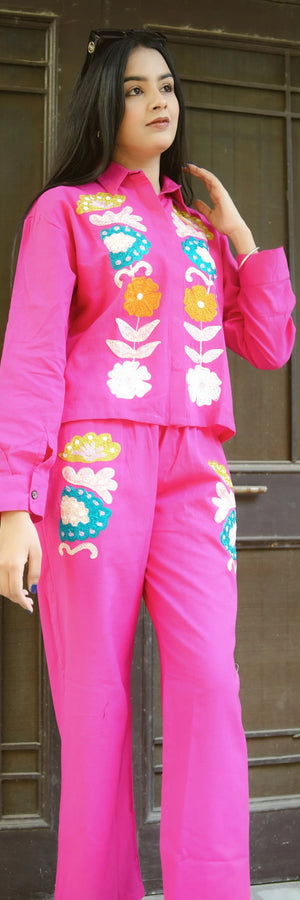 cotton flex pink Embroiderd co-set for women