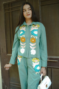 Sea Green Floral Embroidered co-set for women