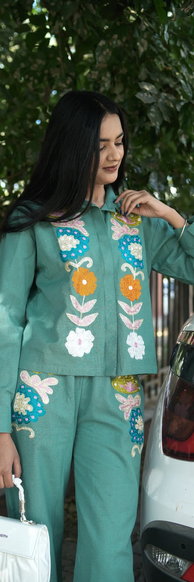 Sea Green Floral Embroidered co-set for women