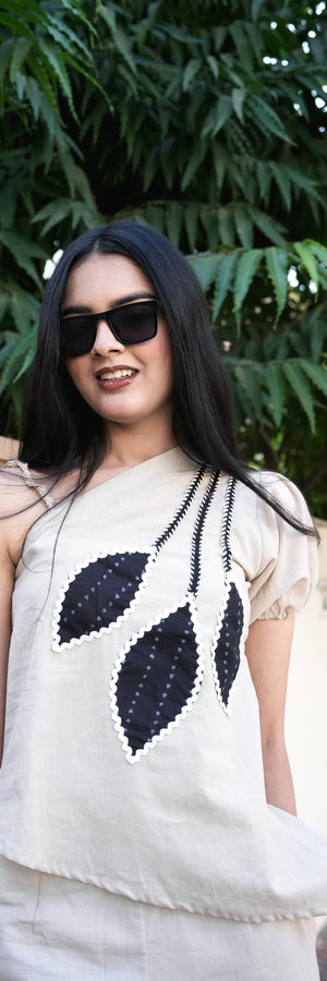 Ivory Leaf Print One-Shoulder Co-set for women