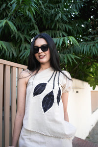 Ivory Leaf Print One-Shoulder Co-set for women